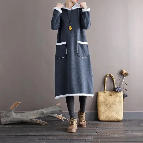 Omychic Autumn Winter Fleece Hooded Dress Ladies Vintage Patchwork Loose Dresses Female 2020 Fleeced Dress