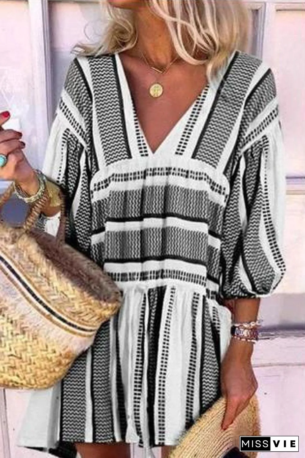 V-Neck Stripe Three Quarter Sleeve Dress