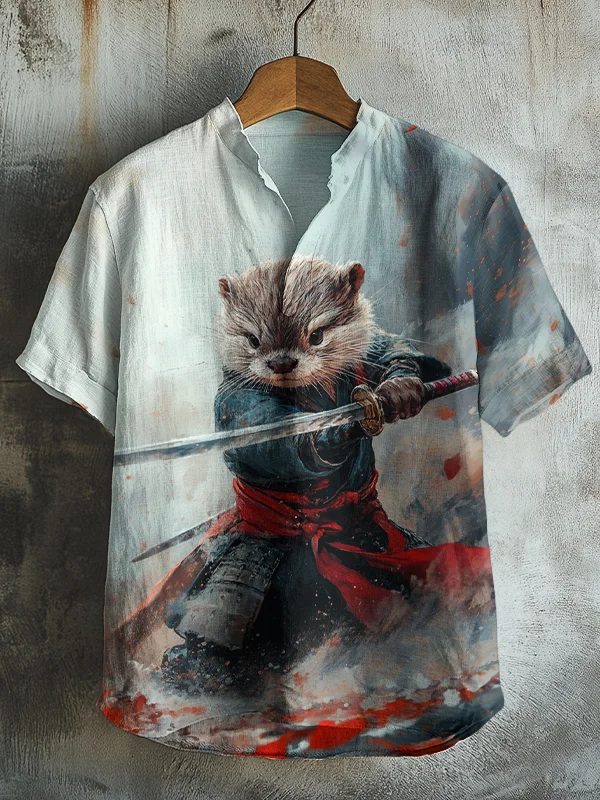 Men's Otter Samurai Japanese Art Print Casual V Neck T-Shirt