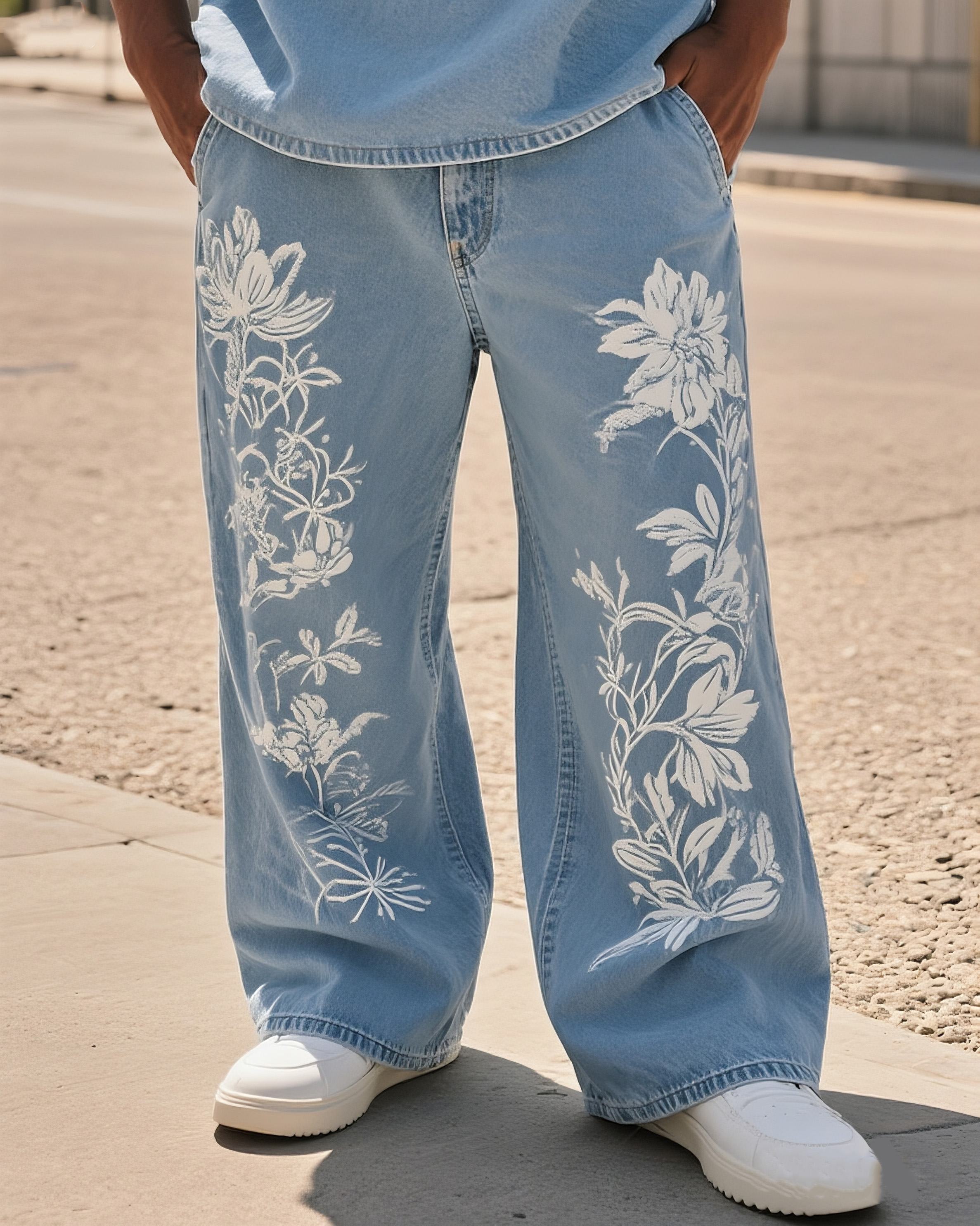 Big & Tall Men's Street Fashion Trend Personalized Floral Denim Trousers