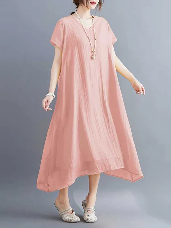 Solid Color Short Sleeves Loose V-Neck Midi Dresses