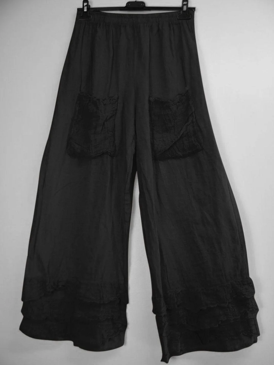 Womens Solid Color Ruffled Hem Linen Pants With Pockets