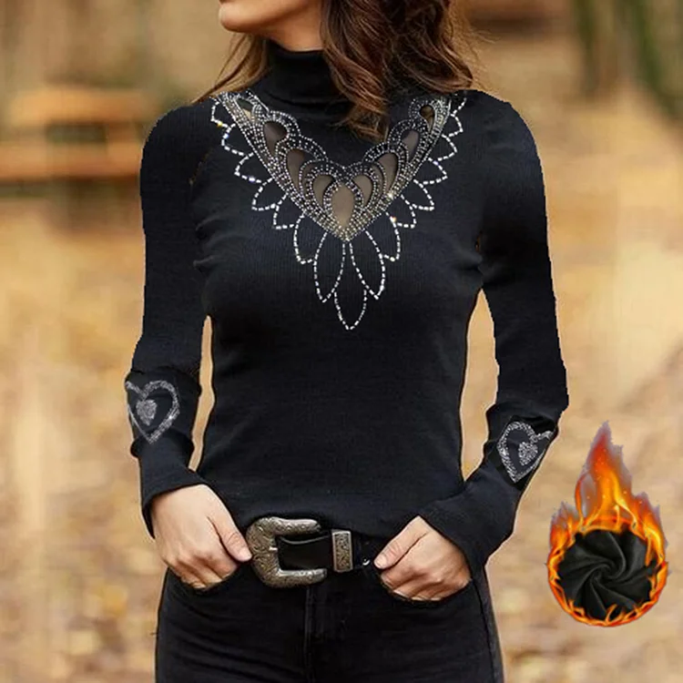 Wearshes See-through Look Drilling High Neck Casual Long Sleeve T-Shirt