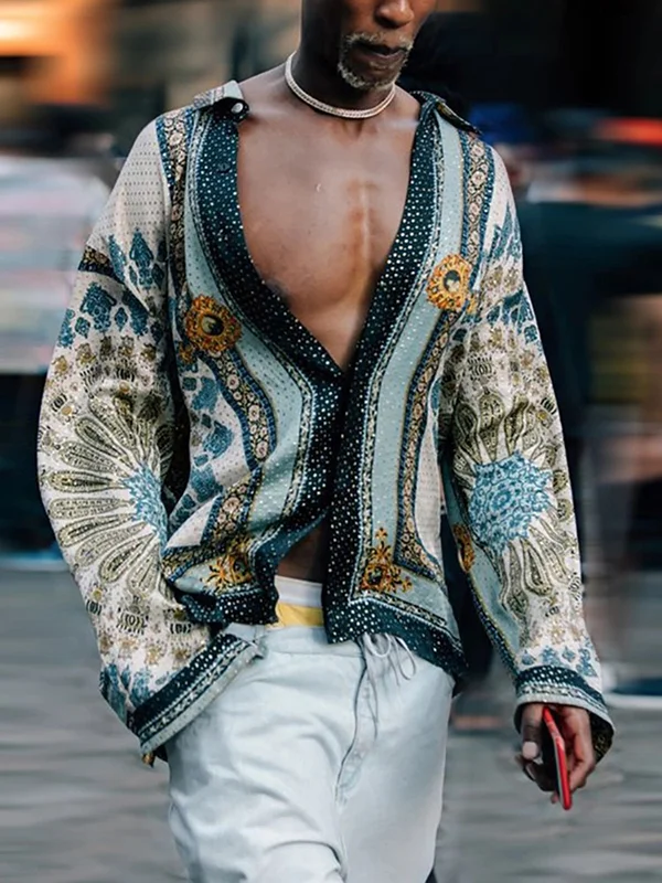 Men's Ethnic Floral Print Turndown Collar Button Long Sleeve Shirt