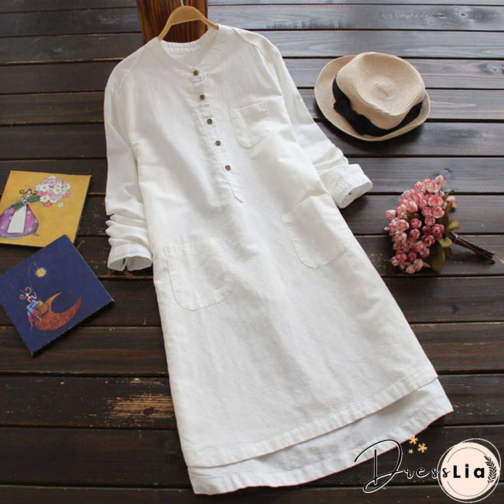 Fashion Women Long Sleeve Buttons Neck Long Shirt Dress Asymmetrical Plus Dress Sundress