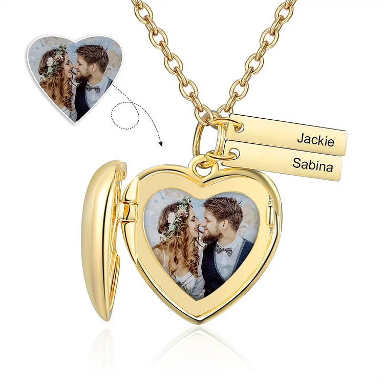 Heart Photo Locket Necklace With Engraving Bar Personalized Gift For Her