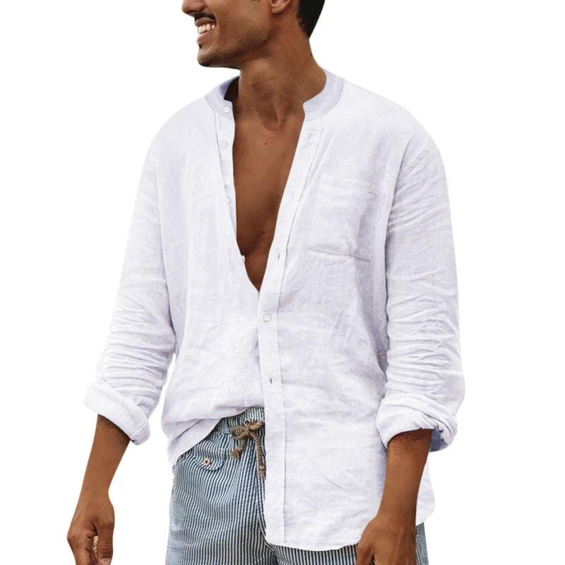 Men's Solid Color Cotton And Linen Loose Stand Collar Long Sleeve Shirt 14806639Z