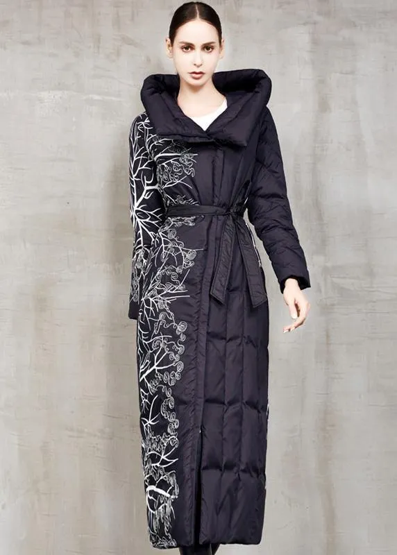Casual black prints down jacket woman oversize hooded winter jacket tie waist New winter outwear