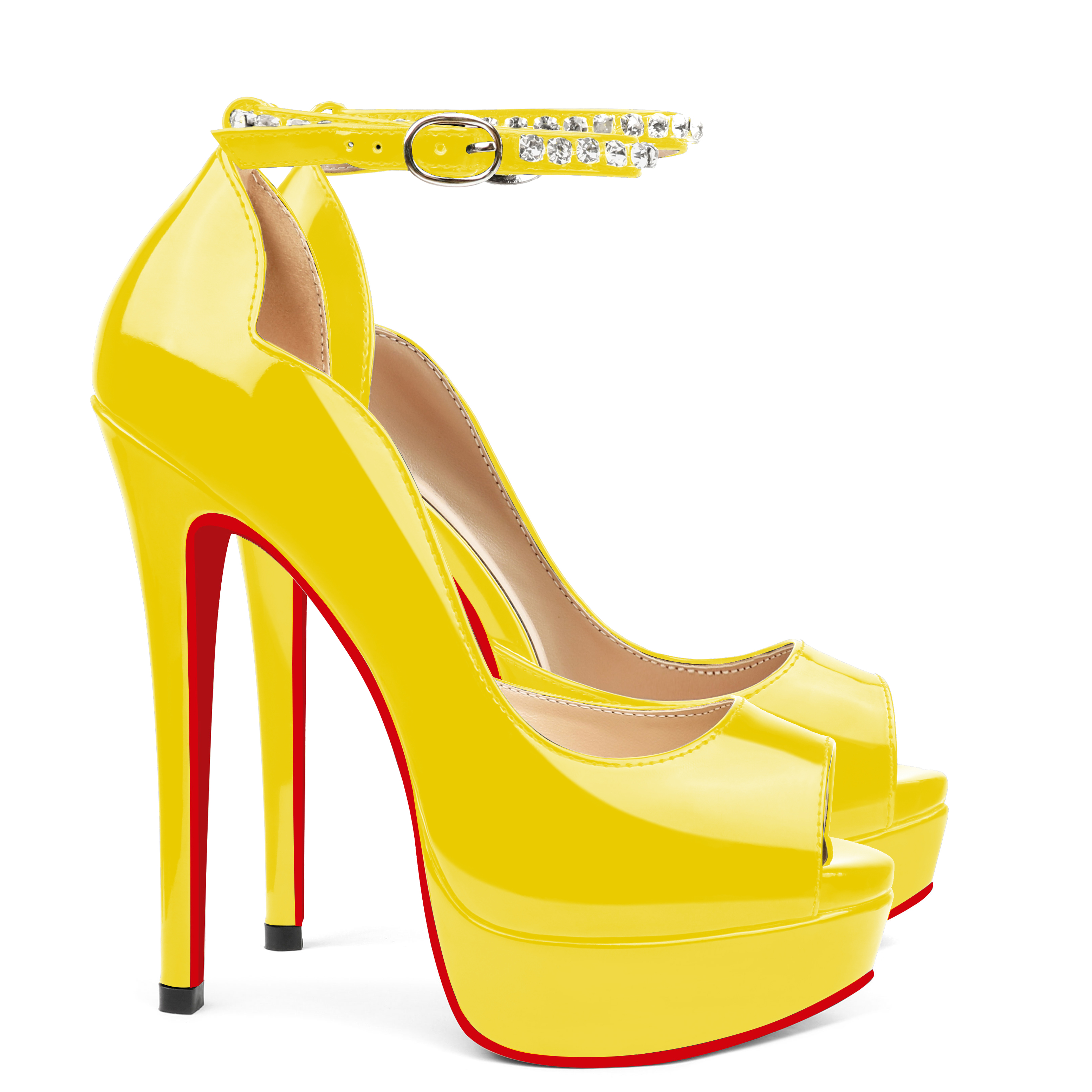 150mm Red Bottom Stiletto Party High Heel Open Toe Platform Diamond Strap Pumps-vocosishoes