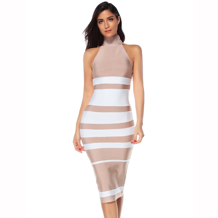 High Neck Sleeveless Stripe Bandage Dress SE102