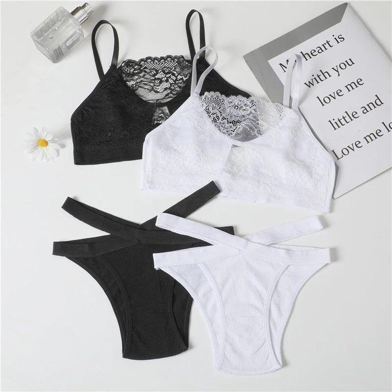 FINETOO Lace Hollow Out Bra Set Women Sexy Wireless Tops Soft Brazilian Panties Fashion Tube Top Low Waist Underpants Lingerie