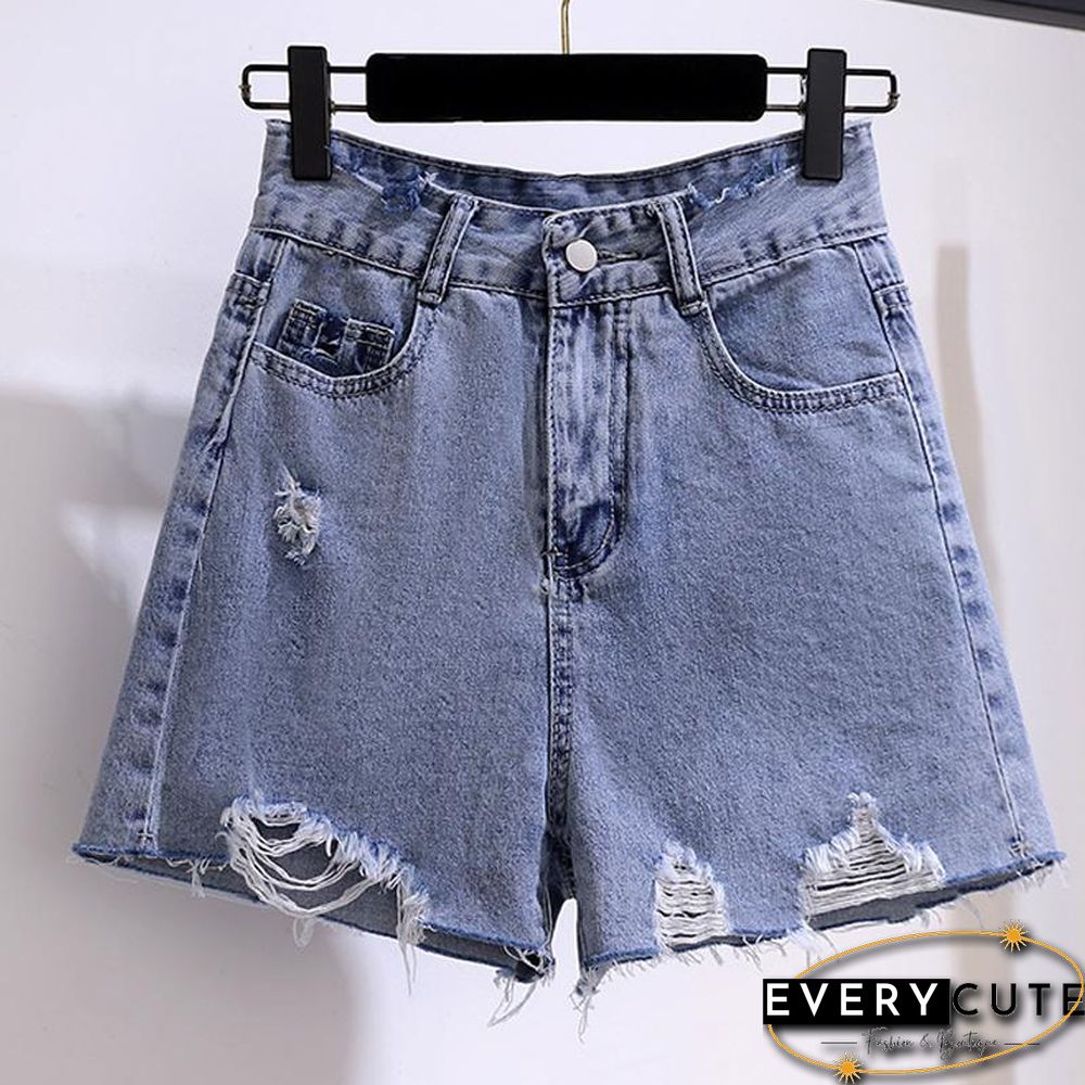 Patchwork Blouse+Hole Denim Shorts P13860
