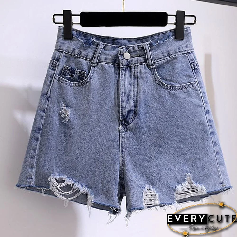 Patchwork Blouse+Hole Denim Shorts P13860