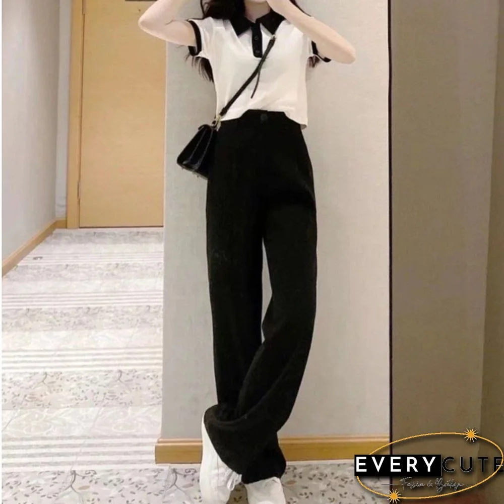 Women Sets Summer Simple Korean Style Turn-Down Collar Short Sleeve T-Shirt High Waist Wide Leg Button Fly Soft Trousers