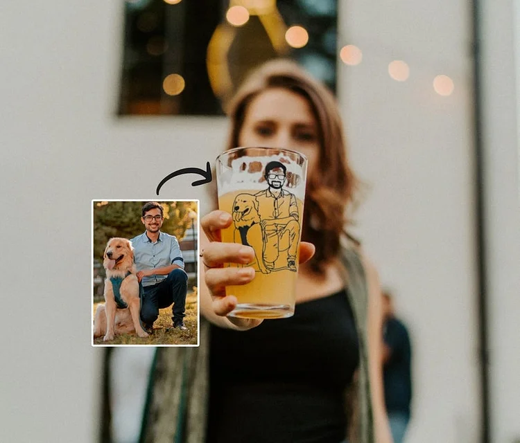Custom Dad With Dog Portrait Beer Glass, Custom Photo Pint Glass, Fathers Day Drinkware Gift