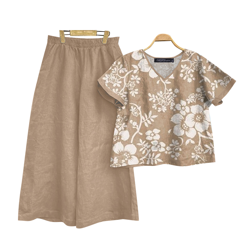 Summer Printed Tracksuits ZANZEA 2pcs Short Sleeve Blouse Wide Leg Pant Sets Women Matching Sets Vintage OL Work Suits Oversize