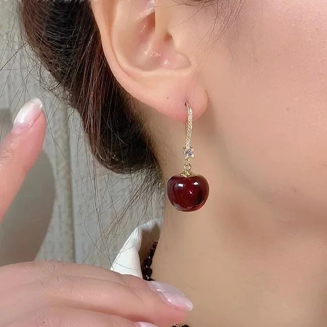 Stylish Red Cherry Dangle Inliad Earrings