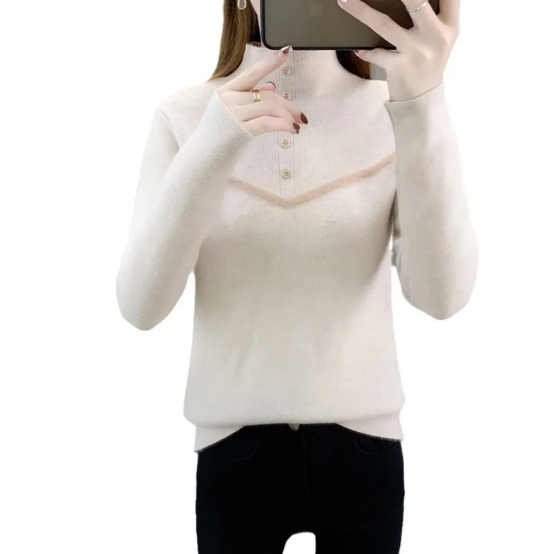 Churchf Velvet Soft Waxy Sweater Female Winter Add Velvet Warm Half Turtleneck Bottom Shirt Female Design Sense Simple Inside The Jacket