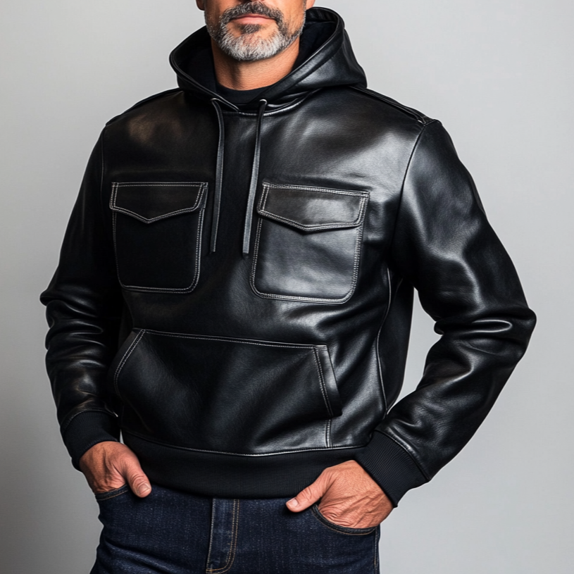 Men's Solid Long Sleeve Flap Pocket Drawstring PU Leather Hoodie