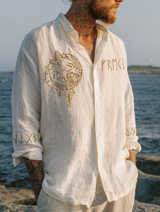 Men's Viking-Inspired Golden Wolf Rune Long Sleeve Linen Shirt / Rvogue / Rvogue