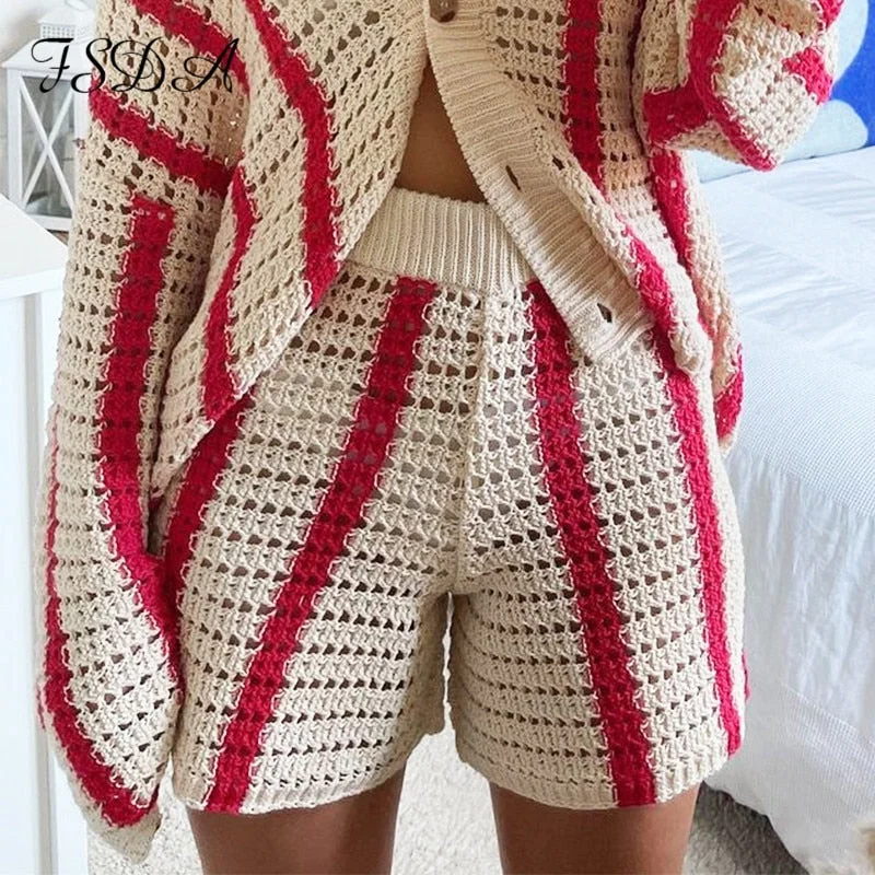 FSDA Knitted Long Sleeve Cardigan Women Red Stripe Loose Autumn Winter Fashion Casual Sweater Top V Neck Oversized