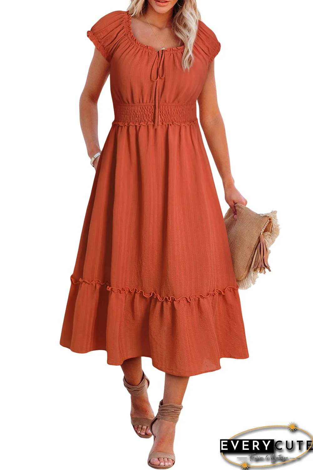 Puff Sleeve Tied V-Neck Smock Waist Frill Midi Dress