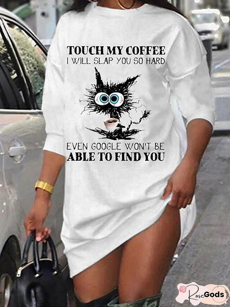 Cat and Coffee Crew Neck Casual Loose Dresses