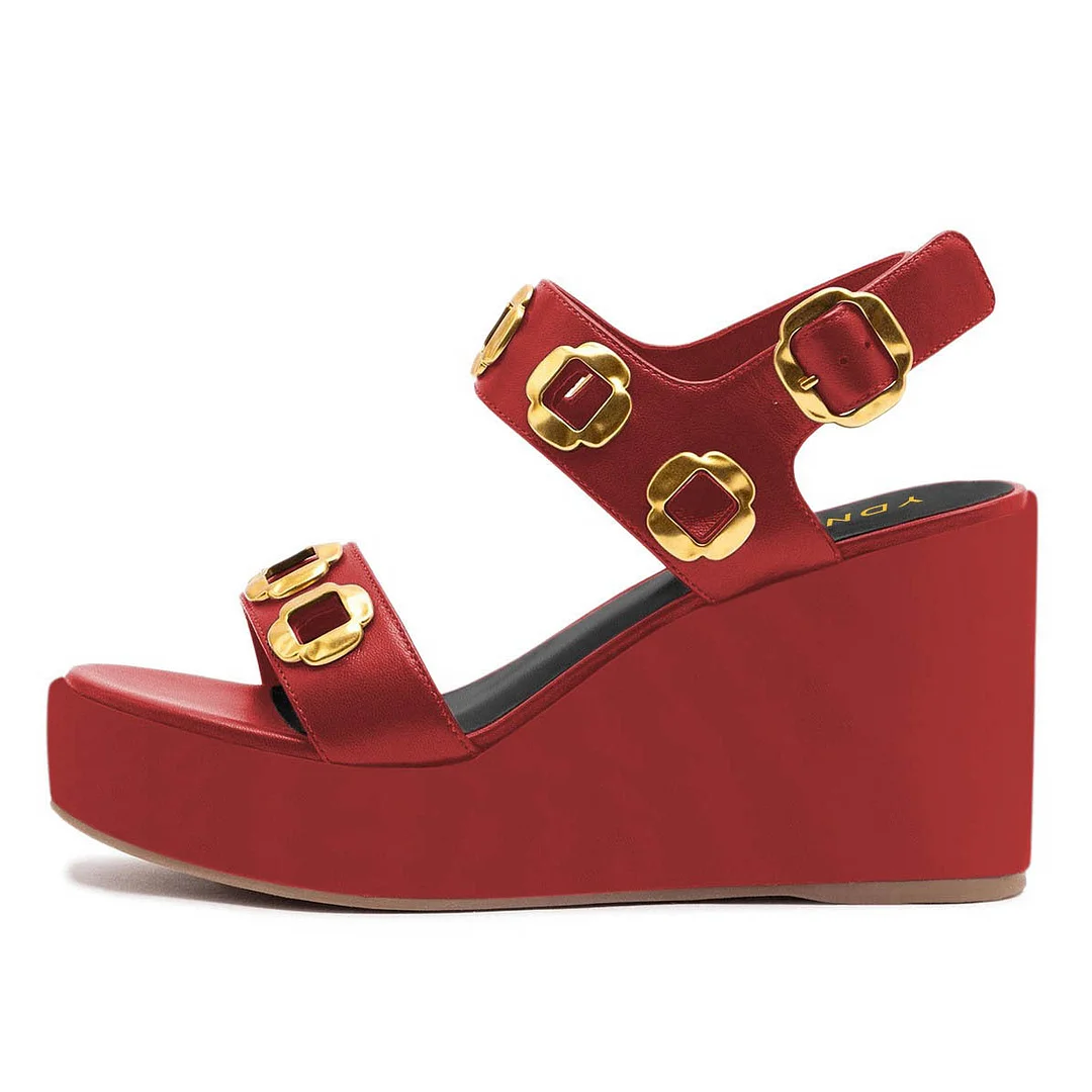 Red Round Toe Casual Metal Decor Platform Buckle Strap Wedge Sandals