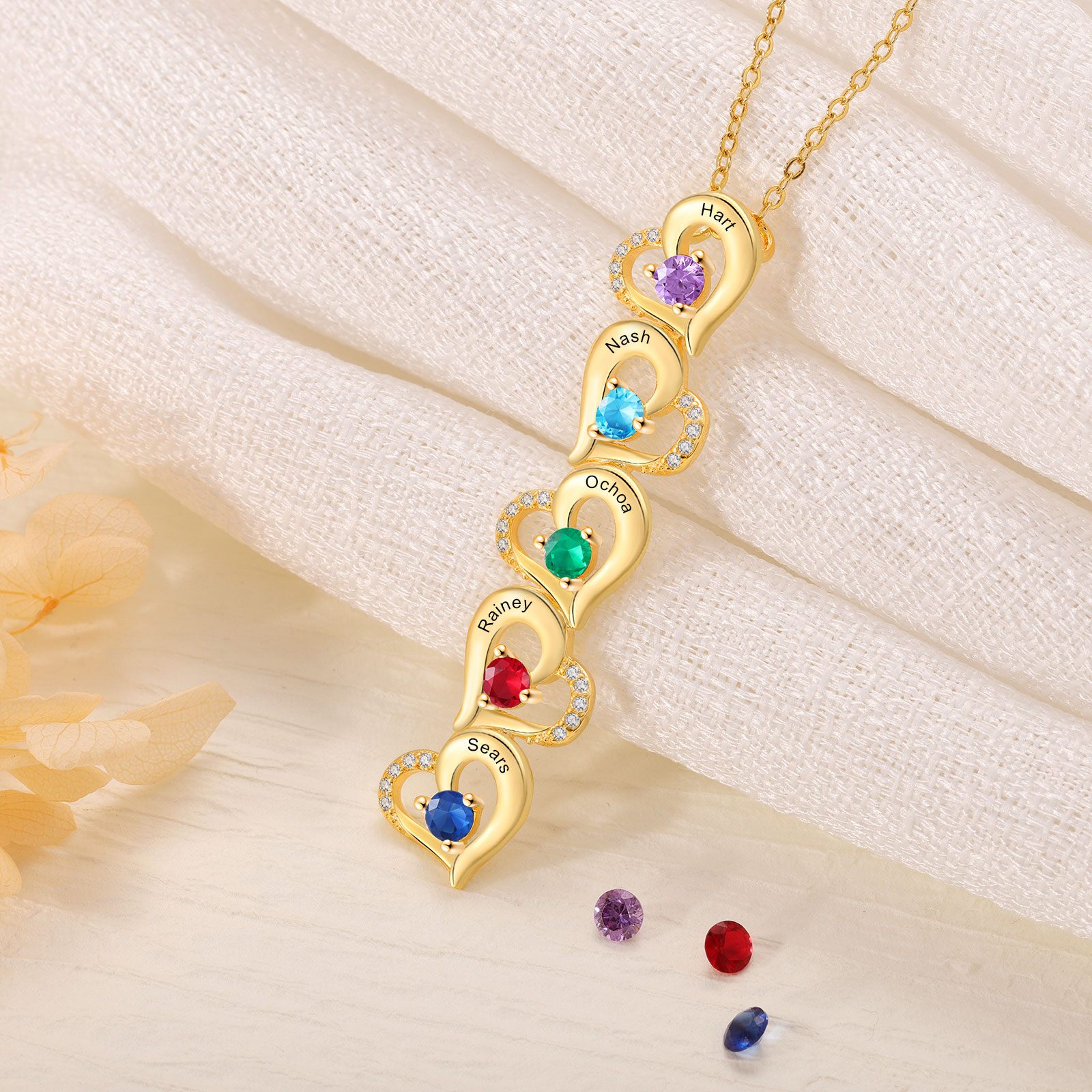 5 Names - Personalised Heart Pendant Necklace Custom Birthstones & Names Necklace Birthday Gift for Her-Jessemade AU