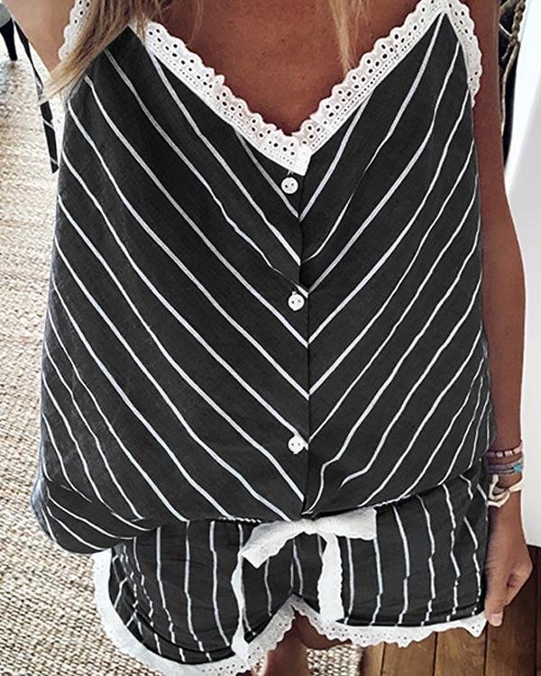 Lace-up Strap V-Neck Stripe Attractive Top & Short Sets