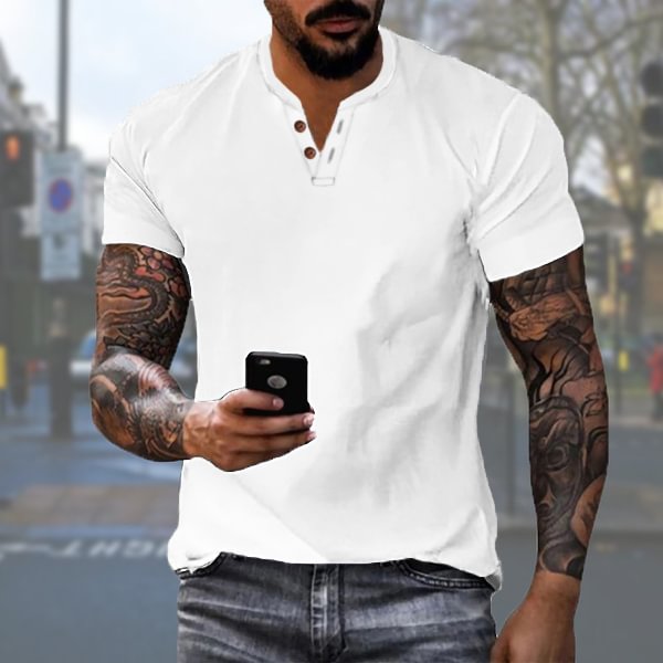 Men's Casual Solid Color Cotton Linen Short Sleeve T-Shirt、、URBENIE