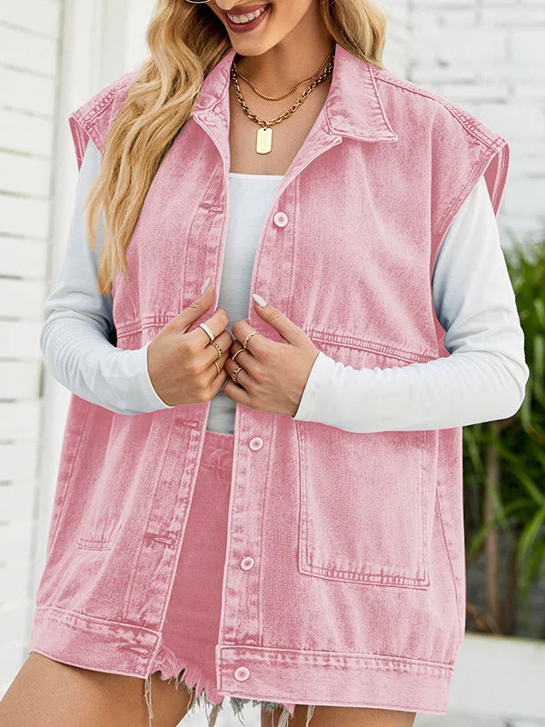 Buttoned Pockets Split-Joint Roomy Sleeveless Lapel Collar Vest Outerwear