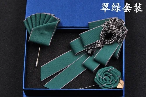 High-quality Fashion Handmade Red Diamond Bow Tie Wedding Collar Bowtie Brooch Pocket Towel Square Set Gifts for Men Accessories