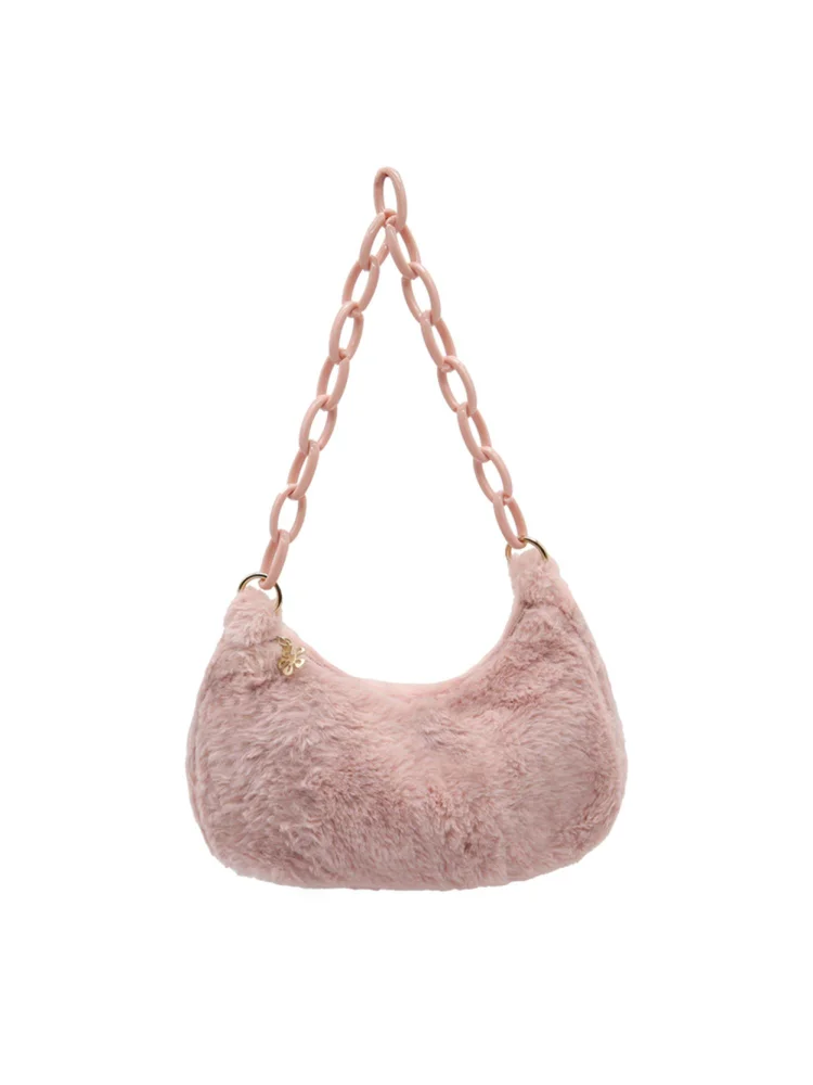 Retro Women Acrylic Chain Plush Underarm Bag Casual Handbags (Light Pink)