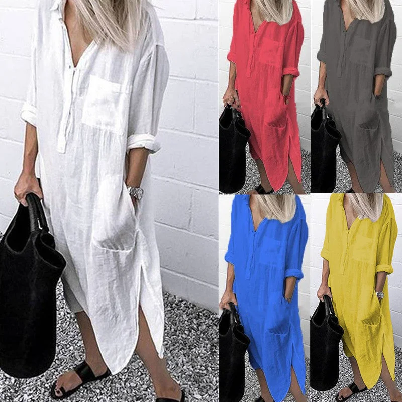 Uveng Solid Color Cotton Blend Simple Long Shirt Women's Dress