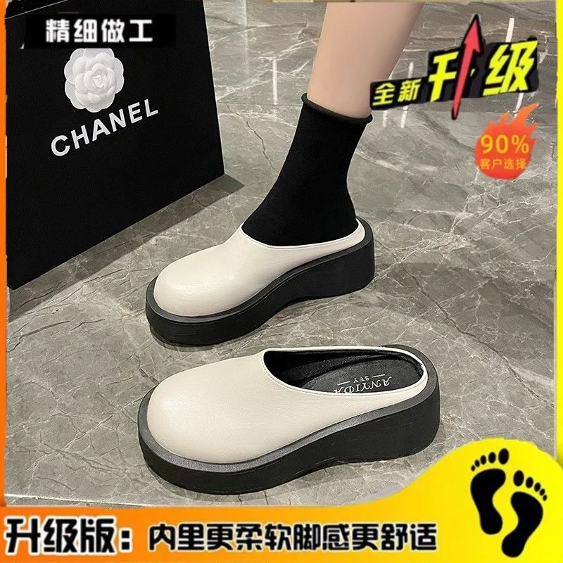 Tanguoant Tanguoant Platform Bottom Shoes Female Real Leather Skin Cool Drag High Heel Waterproof Table Slippers Summer Outside Slope Heel Head Half Drag