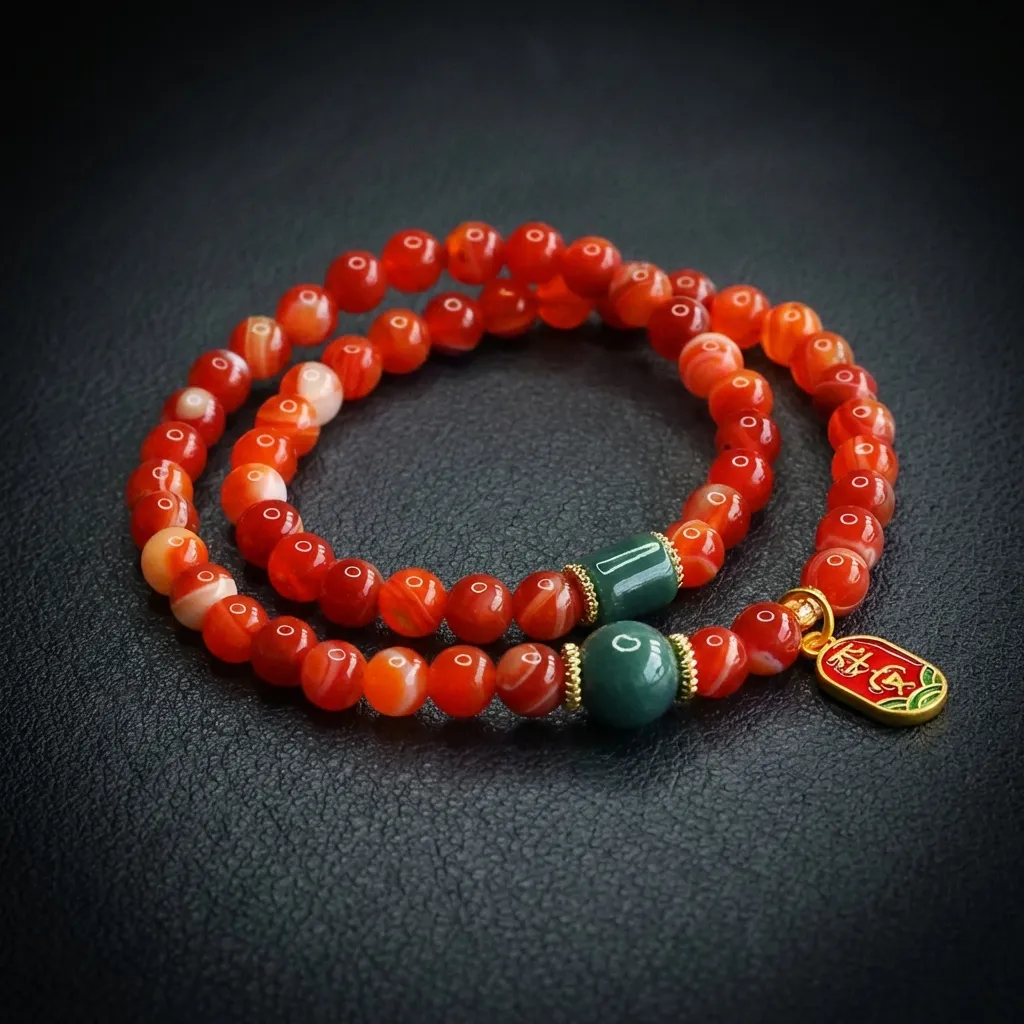 Eternal Flame: Natural Red Agate & Blue Water Jadeite Double-Loop Bracelet Crimson Red Agate & Azure Jadeite-6mm Beads (Double-Loop)