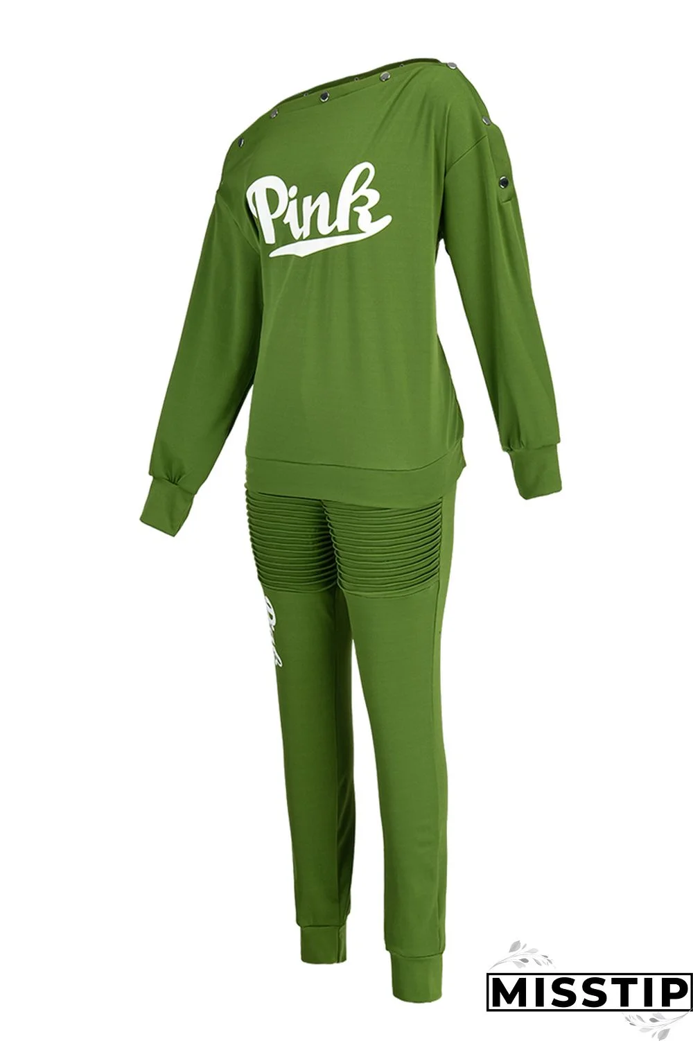 Green Fashion Casual Letter Print Basic Oblique Collar Long Sleeve Two Pieces