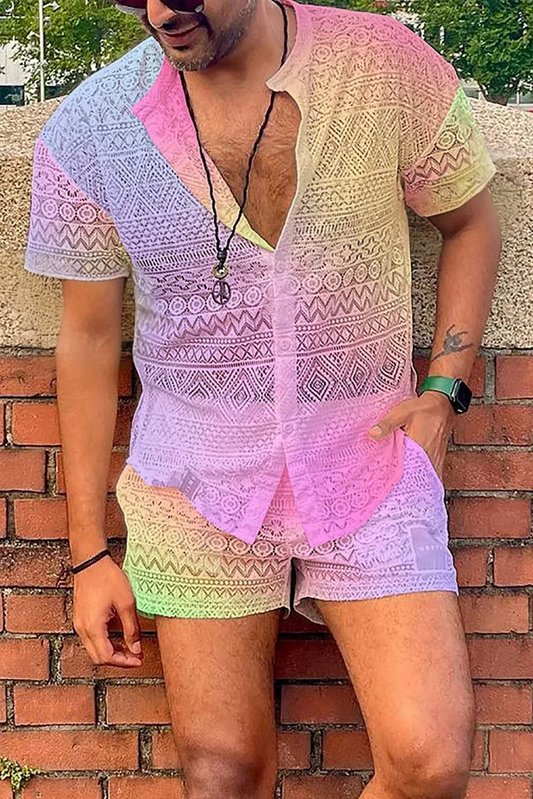 Ciciful Men's Ombre Lace See Through Shirt Shorts Vacation Two Piece Set