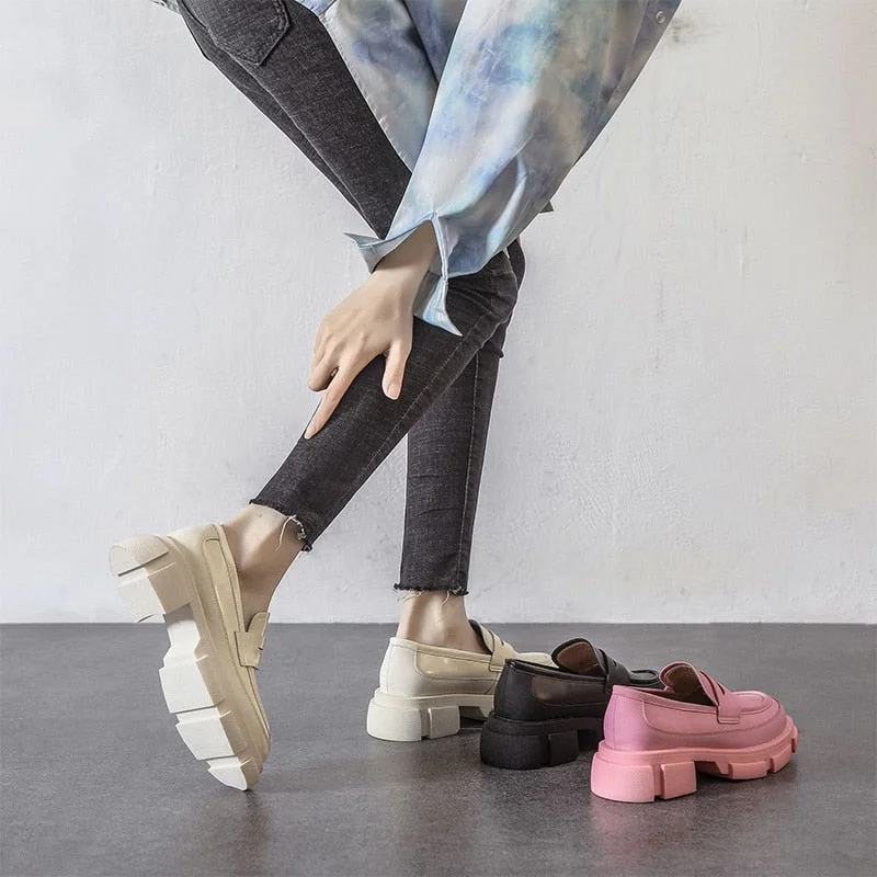 Retro Fashion Loafers Shoes For Women 2022 Spring New Designed British Style Cowhide Solid Color Platform Thicken Heel Shoes