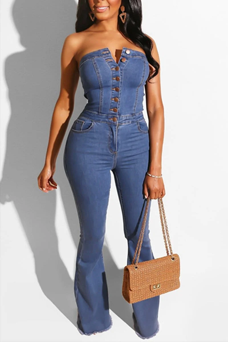 Sexy Casual Strapless Denim Jumpsuit