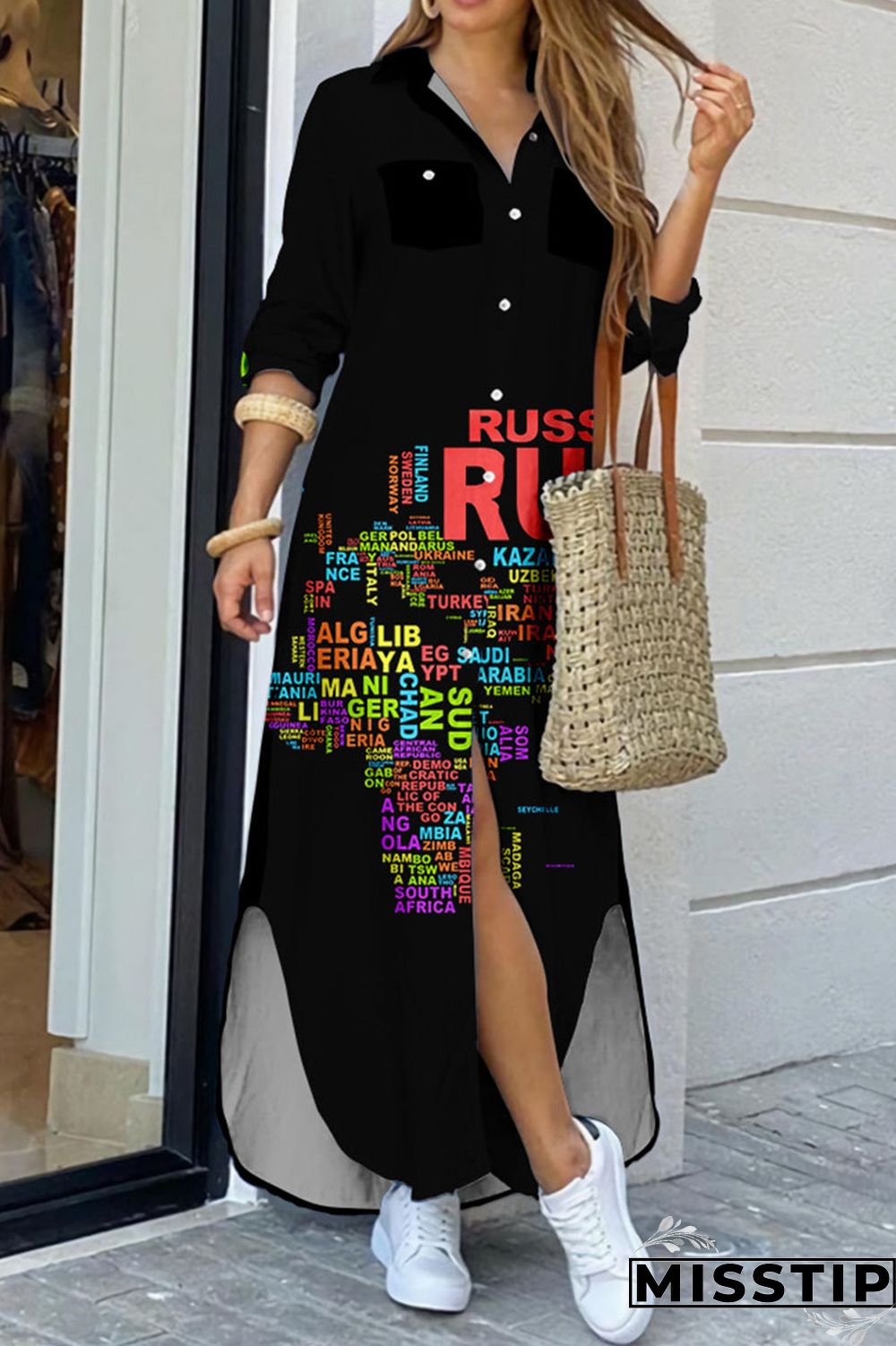 Cowboy Black Casual Print Patchwork Buckle Turndown Collar Shirt Dress Dresses