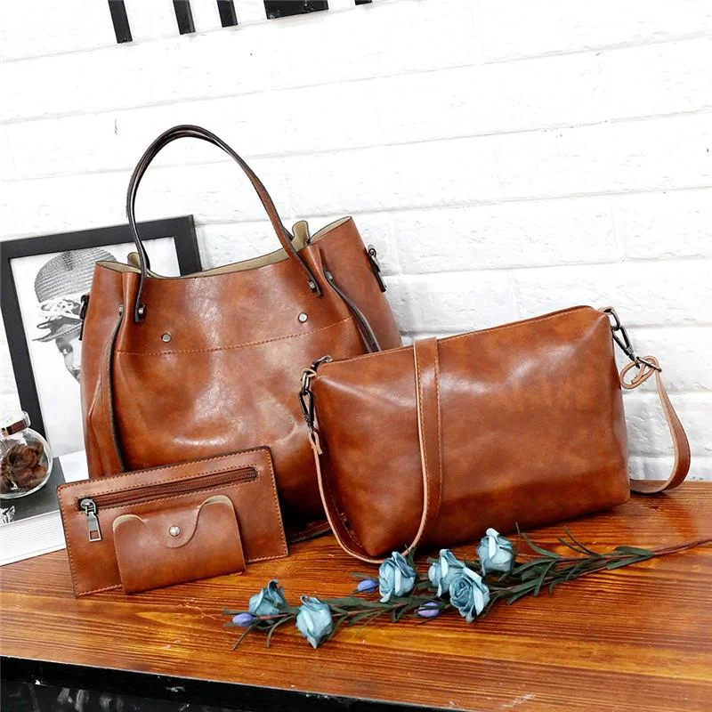 Ladies retro four-piece large-capacity PU picture-mother bag, solid color handbag, one-shoulder diagonal bag