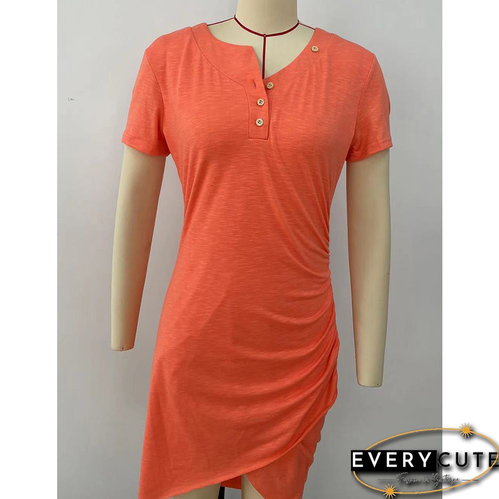 Orange Button V Neck Cross Hem Bodycon Dress