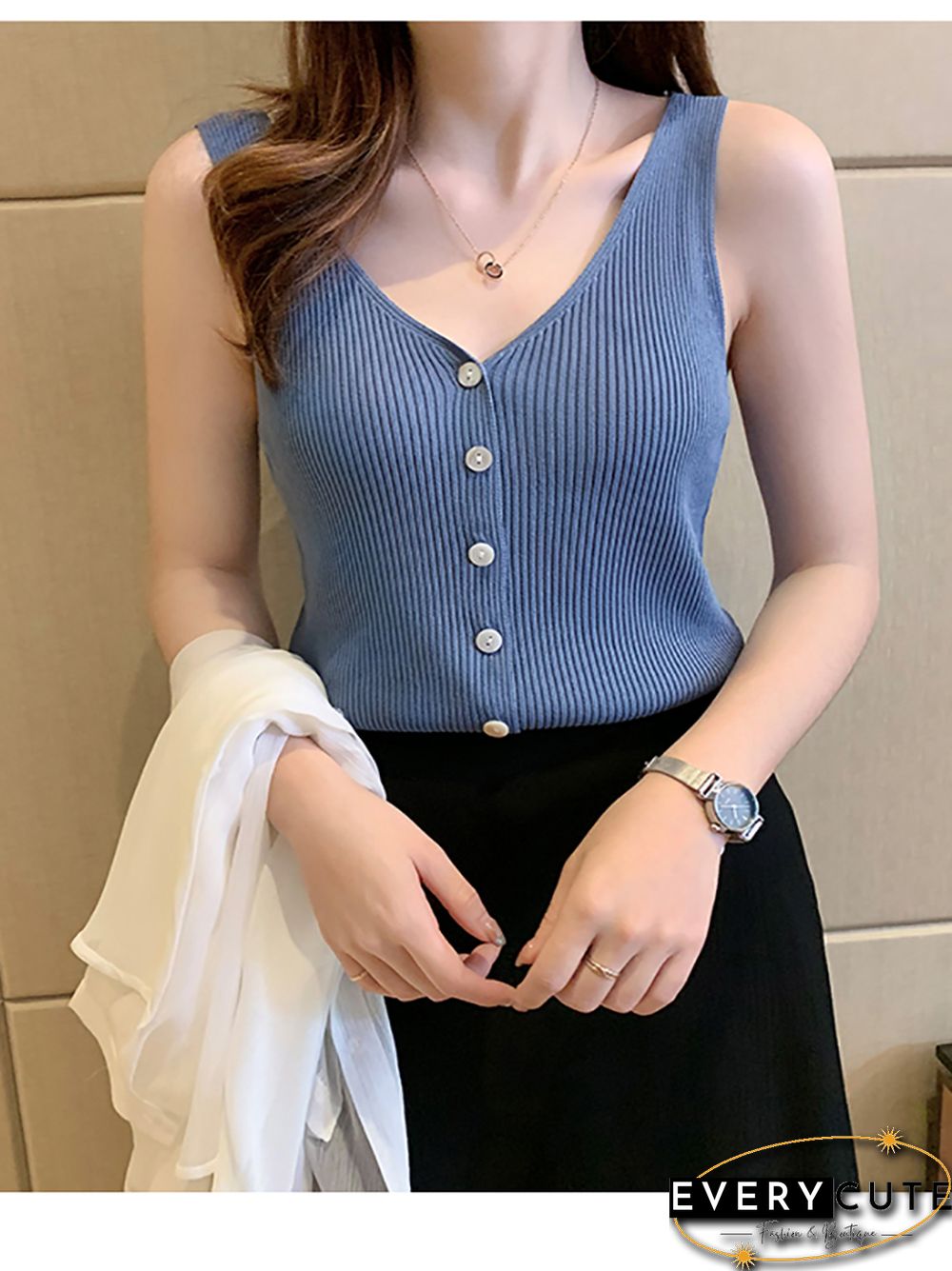 Heliar Women Summer Button Up Casual Tank Tops Plain Knitted Tops Women V-Neck Tops Summer Women Cloth