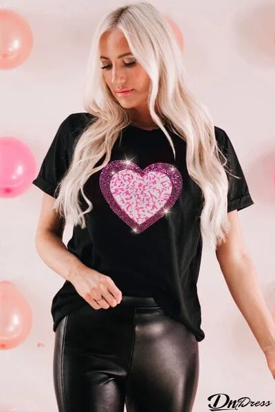 Heart Sequin Round Neck Short Sleeve T-Shirt