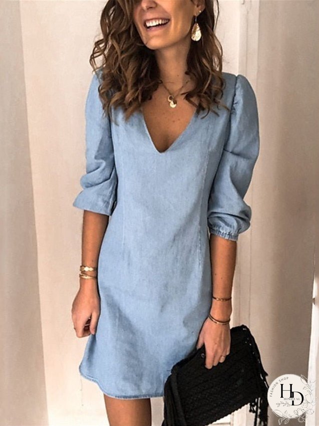 Casual Dress Shift Dress Mini Dress Black Navy Blue Blue 3/4 Length Sleeve Pure Color Slim Spring Summer V Neck Basic Daily Vacation Weekend S M L XL XXL 3XL for Women