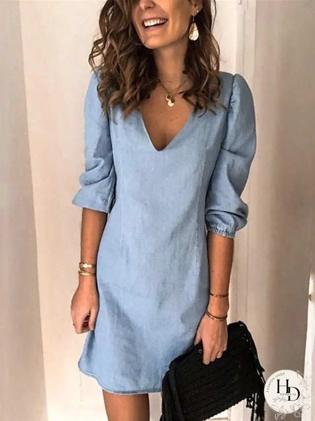 Casual Dress Shift Dress Mini Dress Black Navy Blue Blue 3/4 Length Sleeve Pure Color Slim Spring Summer V Neck Basic Daily Vacation Weekend S M L XL XXL 3XL for Women