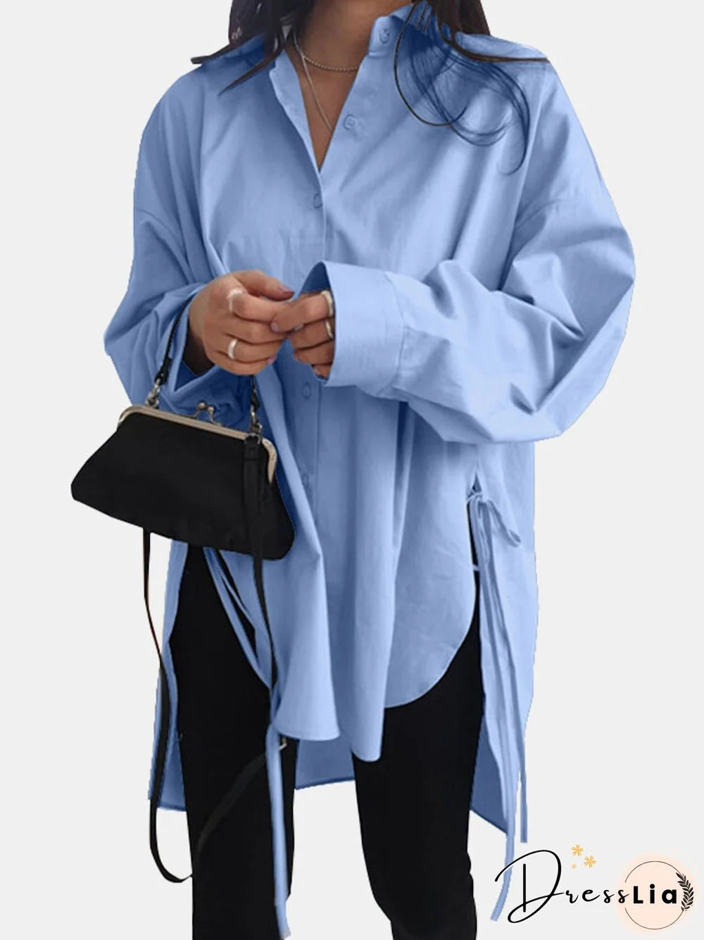 Solid Color Long Sleeve Side Slit Lace-up Irregular Shirt for Women