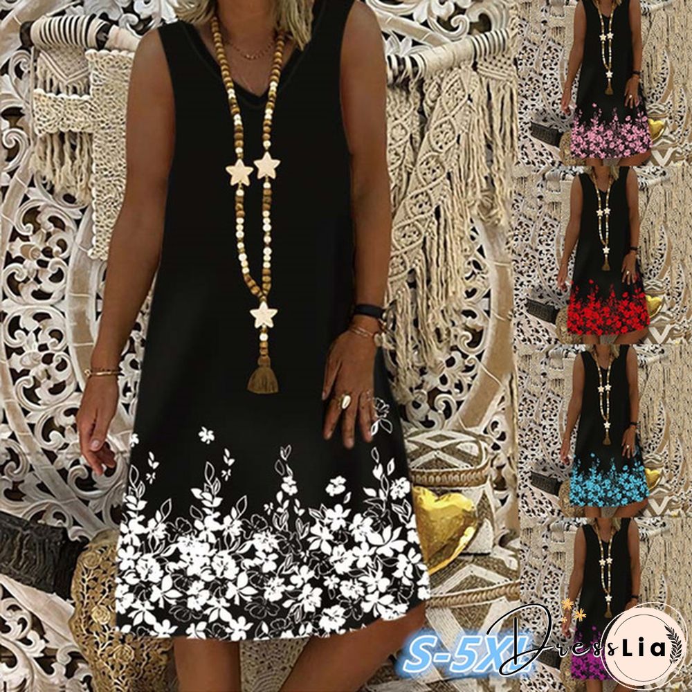 Summer New Fashion Womens Round-neck Sleeveless Printed Casual Dress Loose Soft